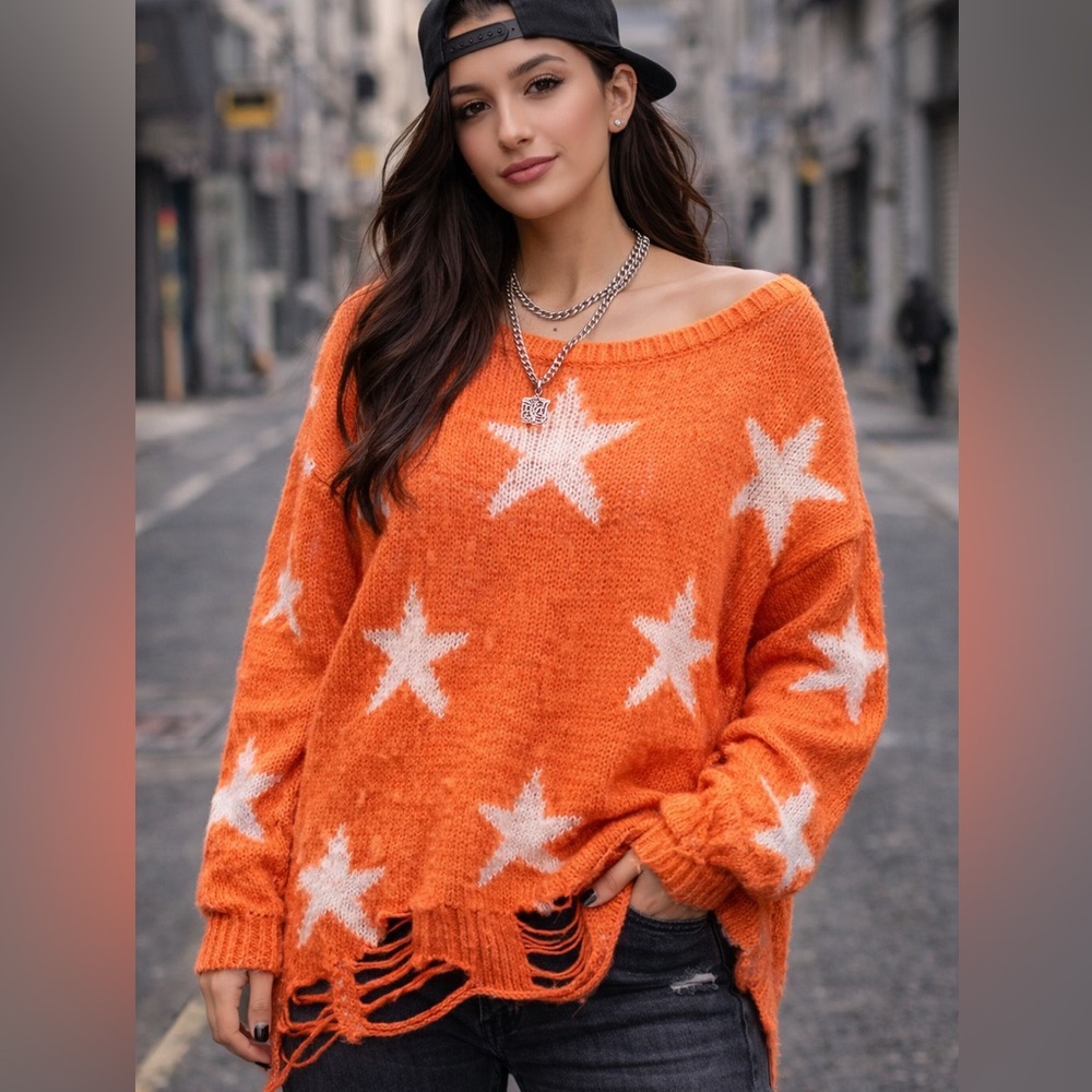 WAY Star Knit Distressed Sweater Women’s S Coral White Stars Oversized Boho